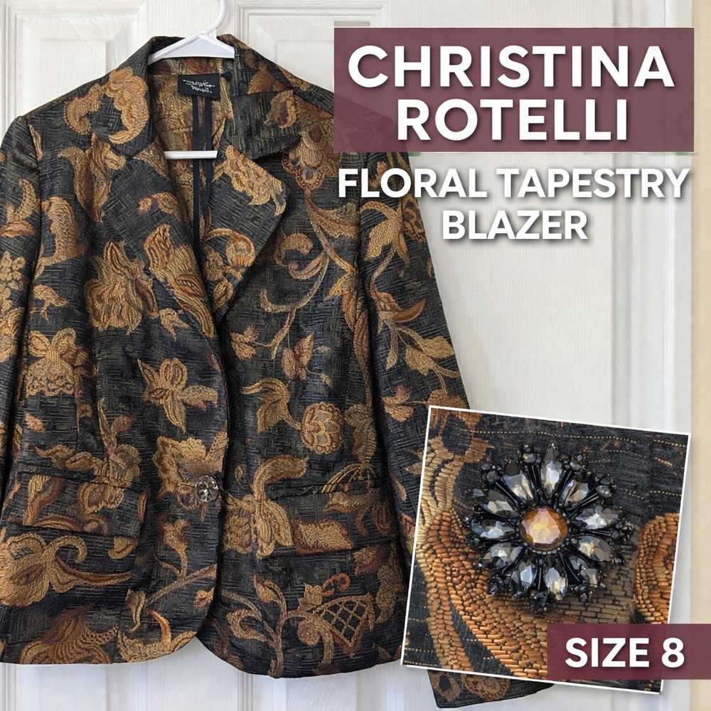 Christina Rotelli Floral‎ Tapestry Blazer Jacket Size 8 Brown Textured Vintage